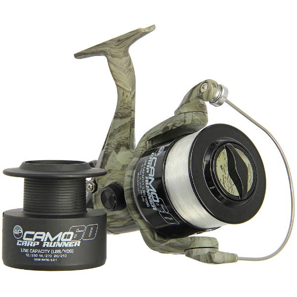 Angling Pursuits Camo 60 - 3BB Carp Runner Reel with 12lb Line and Spare Spool