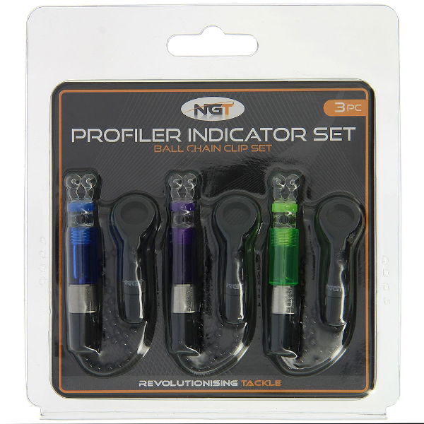 NGT Profiler 3PC Indicator Set - Green, Blue and Purple Indicators with Ball Clip Head, Black Chain and Adjustable Weight